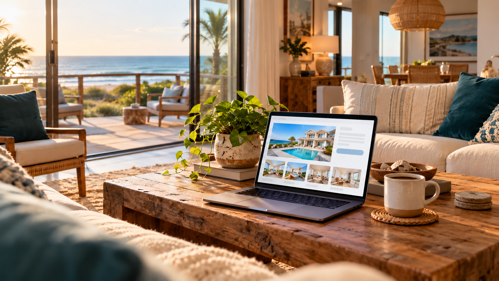 Sunlit coastal vacation rental living room with glass doors opening to an ocean-view balcony, a laptop on the wooden coffee table showing a listing page, a green plant and a coffee cup beside it
